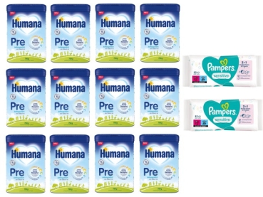 Humana Pre Anfangsmilch Bundle 12x750g + Gratis 2xPampers Feuchttücher 52 Stück
