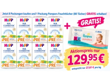 HiPP Pre HA Combiotik infant milk 8x600g (BBD 04-03-2028) -plus 1xPampers sensitiv Feuchttücher (80)