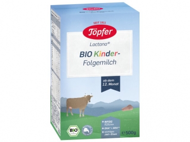 Toepfer Lactana Bio kids Milk 1+  500g  Organic Follow-on Milk from the 12. month onwards  The milk is ideal as a milk drink at mealtimes or in between times. It is better suited than cow´s milk as it is exactly adapted to the special needs of small