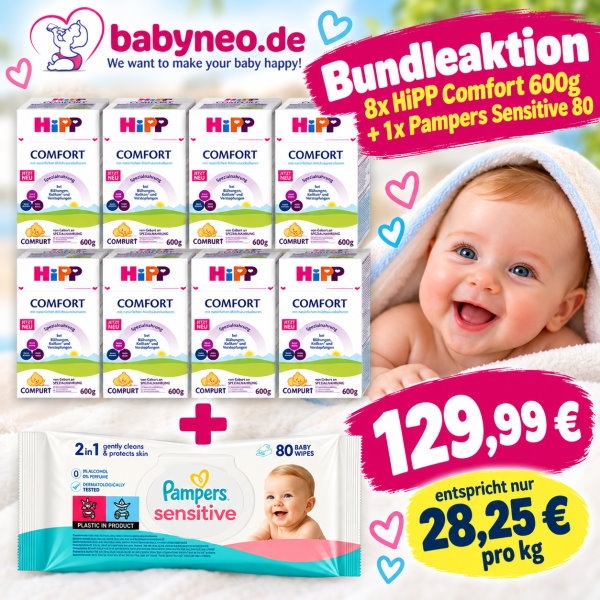 HiPP Comfort 8 x 600g plus a free pack of Pampers Sensitive wipes (80 wipes)