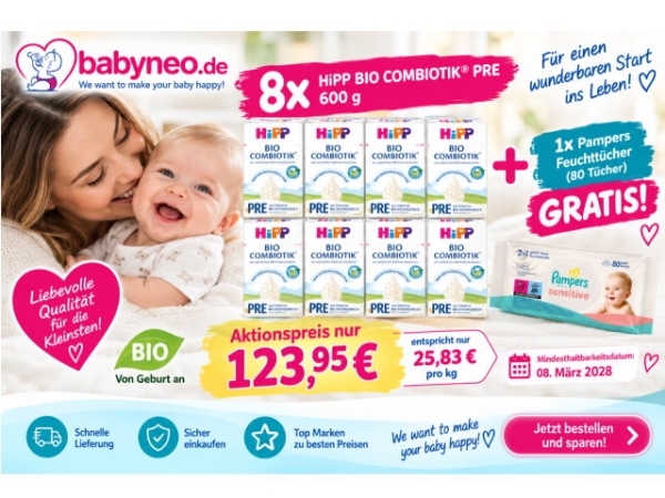 HiPP Pre BIO Combiotik Anfangsmilch 8x600g plus 1xPampers sensitiv Feuchttücher (80)