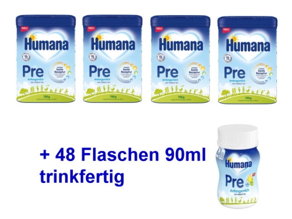 Humana Pre Infant Formula Bundle 4 x 750g + 48 x 90ml Ready-to-Drink Bottles