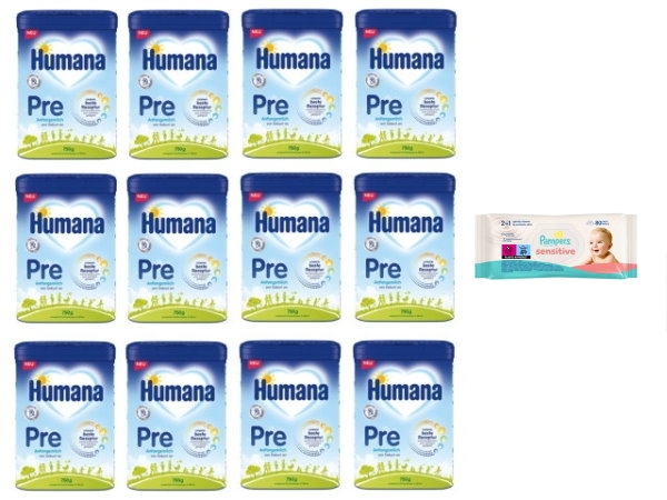 Humana Pre Anfangsmilch Bundle 12x750g + Gratis 1xPampers Feuchttücher 80 Stück