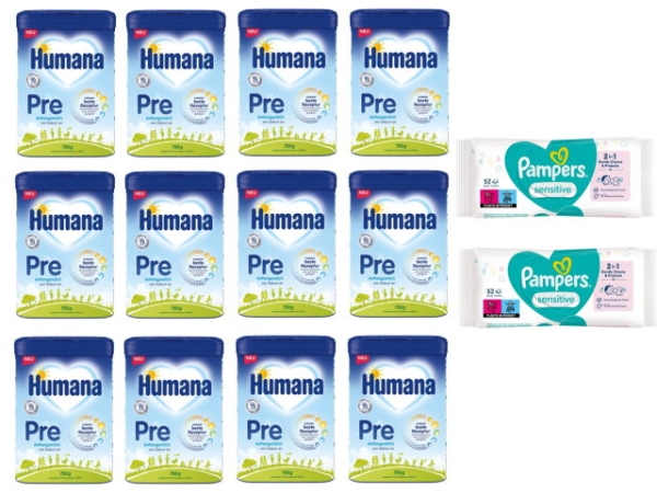 Humana Pre Anfangsmilch Bundle 12x750g + Gratis 2xPampers Feuchttücher 52 Stück