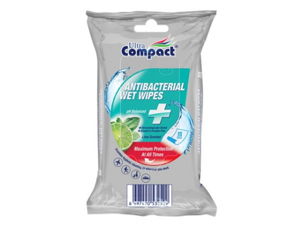 Ultra Compact Antibacterial cleaning wipes without alcohol in resealable dispenser pack of 15
