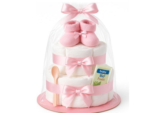 Windeltorte in Rosa mit Babysocken für Mädchen 2 stöckig