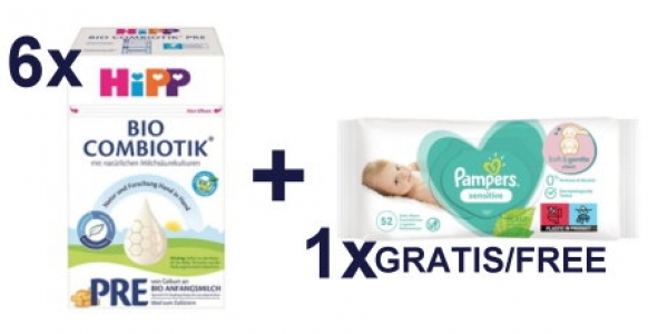 HiPP Pre BIO Combiotik Anfangsmilch 6x600g plus 1xPampers sensitiv Feuchttücher